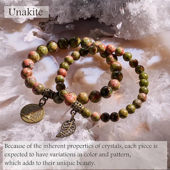 Bivei Natural Semi Precious Gemstone beads bracelet for women - Life Tree and Leaf Charm Energy Reiki Crystal Stretch Bracelets