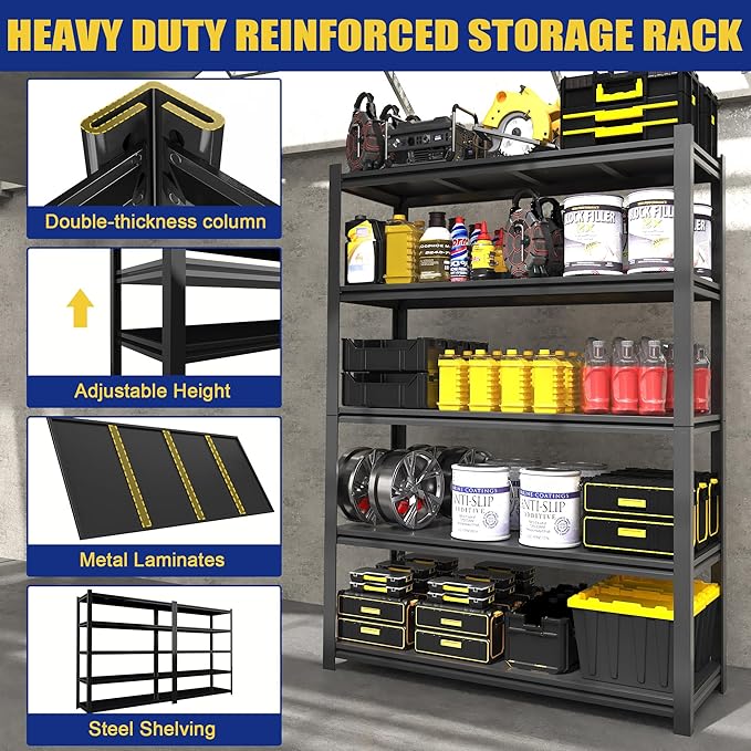 2500LBS Garage Shelving Units and Storage, Heavy Duty Shelf Rack, 5 Tier Shelves for Garage Storage, Metal Adjustable Shelf for Basement, Warehouse and Supermarket