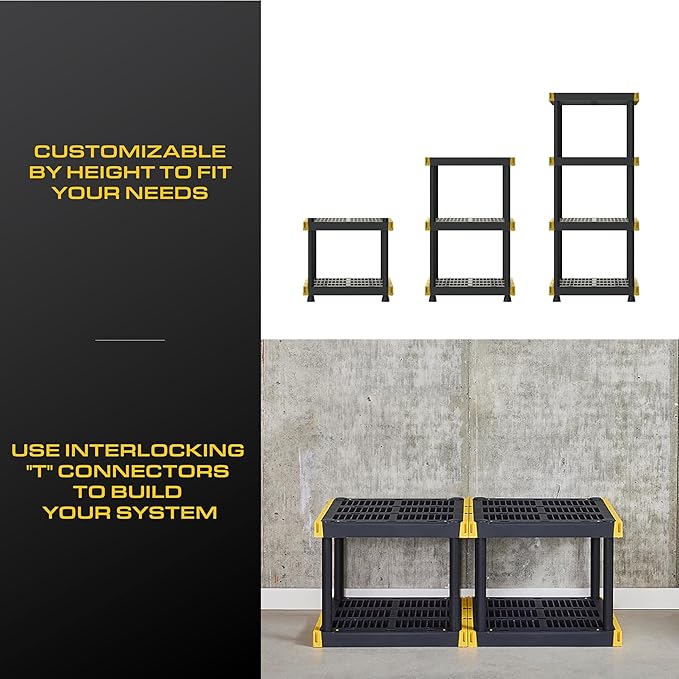 BLACK & YELLOW 4-Tier Heavy Duty Plastic Storage Shelving Unit, 100lbs/shelf (55"H x 24"W x 20"D), for Indoor/Outdoor Organization, Modular Rack, Extremely Durable, Made in The USA