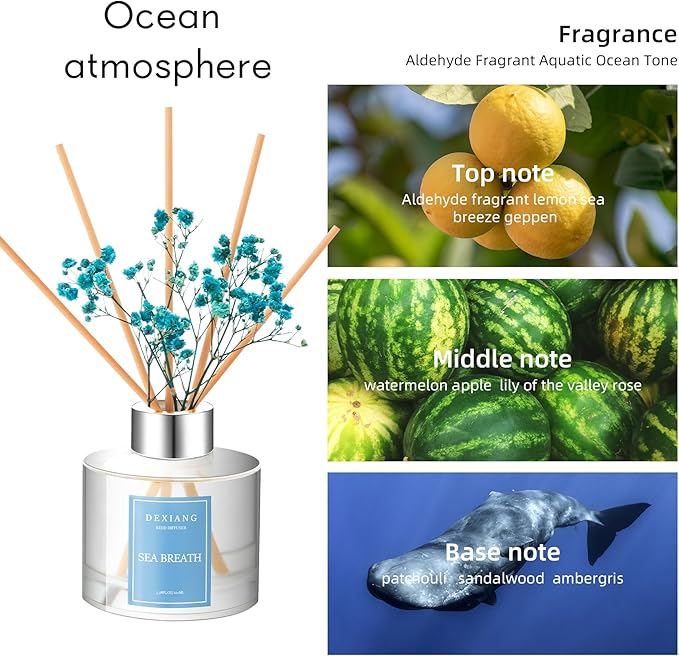 Sea Breath Reed Diffuser Set - 3.38 fl oz (100ml) Essential Oil with 6 Reed Sticks | Home & Bathroom Decor