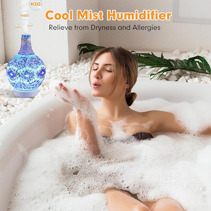 Tiffany Essential Oil Diffuser,Mosaic Glass Aromatherapy Diffuser Cold Air Ultrasonic Diffuser Turkish Moroccan Essential Oils for Diffusers for Home Office SPA