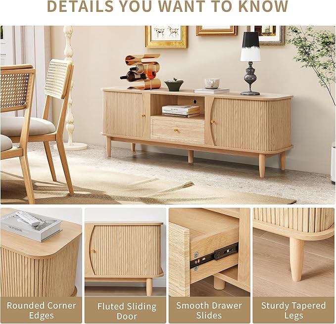 TV Stand, Media Console Table with Drawer and Sliding Door, Modern Entertainment Center with Storage for Living Room, Bedroom, Home Office (Natural with 1 Drawer)