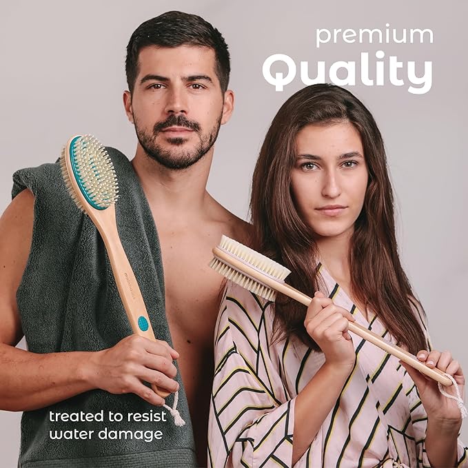 MainBasics Back Scrubber for Shower – Long Handle Dual-Sided Brush for Body Wash & Scrubbing with Exfoliating & Soft Bristles (Teal, Wood)