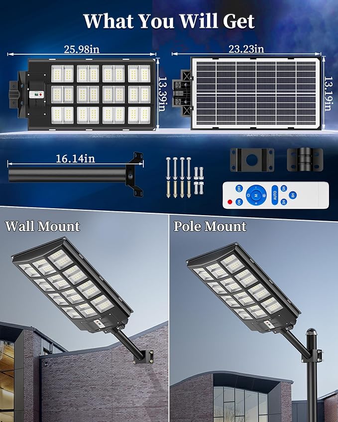 Gefolly SL-7000W Solar Street Light Outdoor 700000LM Wide Angle Commercial Parking Lot Lights Dusk to Dawn 6500K Flood Security Light IP67 Lamp for Basketball Court, Yard