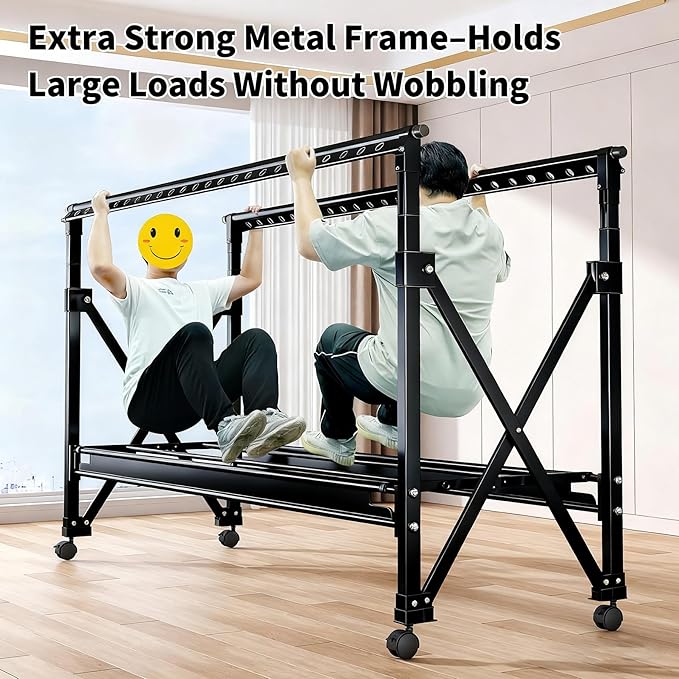 Heavy Duty Rolling Clothing Rack with Wheels, Portable Double Rod Metal Garment Rack, Clothes Drying Hanging Organizer for Closet, Laundry, Storage, Freestanding Adjustable Coat Hanger, Black