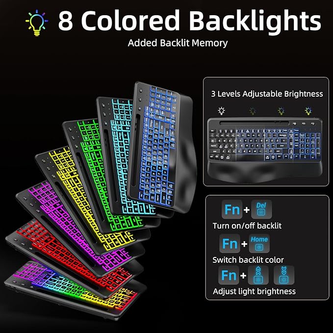 Hamile Wireless Keyboard and Mouse Combo : Ergonomic Wave Keys for Natural Typing, Full Size Keyboards with Wrist Rest, Quiet Backlit Mice,Phone Holder, 2.4G Set for Computer/Laptop/Mac/Windows, Black