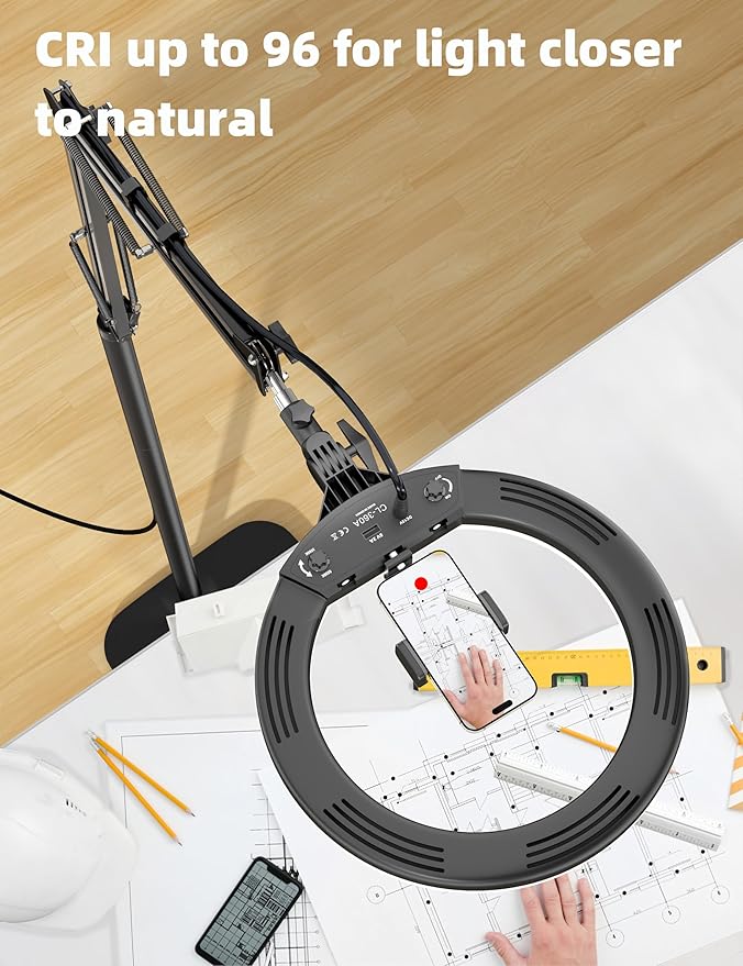 Ring Light Overhead Phone Mount,14'' LED Ring Light with Stand and Phone Holder,CRI Max 96 Professional for Video Recording,Live Streaming,Cooking and Content Creation(66.9High)