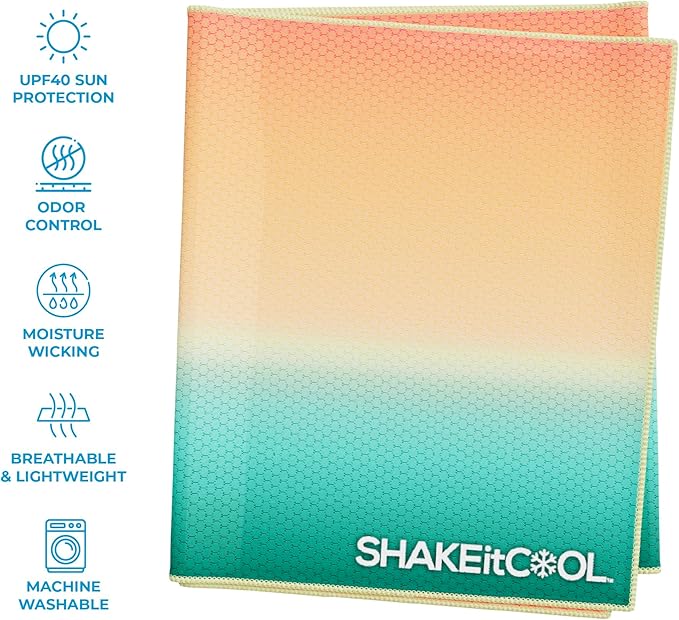 SHAKEitCOOL Extended Size Cooling Towel – Be Cool in Style - Heat Relief, Soft, Lightweight, Sun Protection, Easy Clean - Perfect for Biking, Hiking, Running, Yoga, Golf - Orange Blue Ombre M