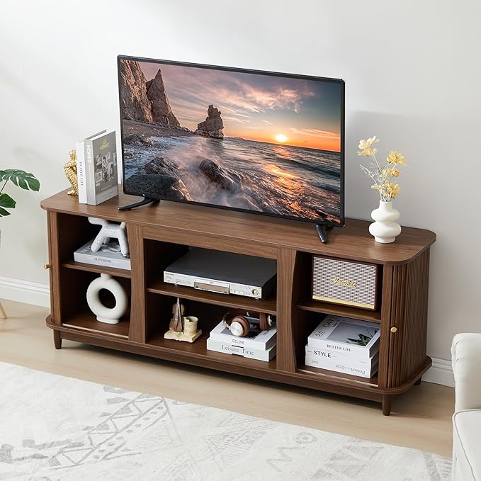 TV Stand, Fluted Media Console Table with Storage and Sliding Door, Farmhouse Entertainment Center for Living Room, Home Office (Walnut-No Fireplace)