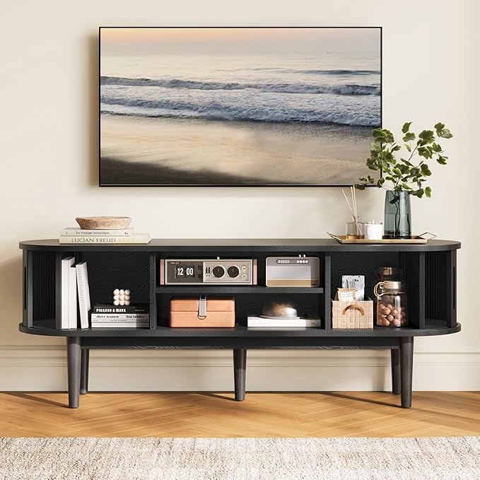 LINSY HOME 58" Fluted TV Stand for TVs up to 65 Inch, Mid Century Modern Entertainment Center with Storage Cabinet and Sliding Doors, Farmhouse Wood Media TV Console for Living Room, Bedroom, Black
