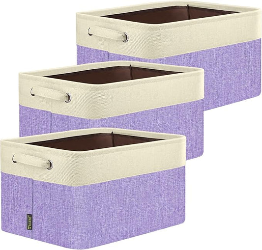 BALEINE 3 Pack Fabric Storage Bins for Shelves, Linen Storage Baskets for Organizing, Decorative Closet Bins for Clothes, Home (Lavender, 17''x13''x10.5'')