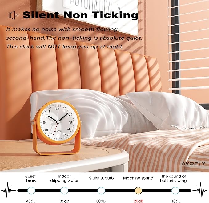 AYRELY® 3.5 Inch Small Analog Alarm Clocks,Battery Operated Desk Clock,Cute Table Clock with Light，Adjustable Angle for Travel,Bedside,Bedroom,Kids,Living Room Decor(Orange)