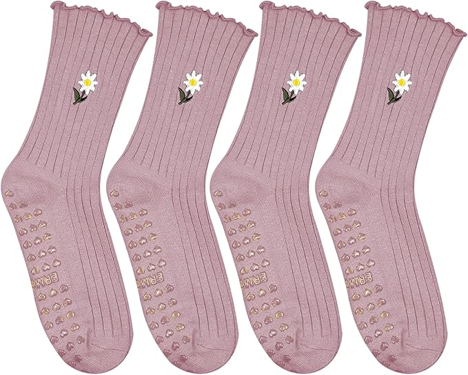 4 Pairs Cute Pilates Grip Socks for Women – Ruffle Top Non Slip Yoga Barre Crew Socks for Workout, Dance, Hospital