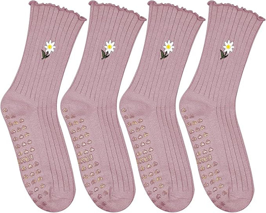 4 Pairs Cute Pilates Grip Socks for Women – Ruffle Top Non Slip Yoga Barre Crew Socks for Workout, Dance, Hospital