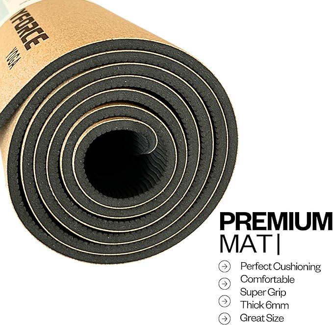 Yoga Mat - Premium Cork & Rubber - Eco-Friendly Non-Slip, Sweat Resistant Mat with Alignment Lines, 6mm Thick for Joint Support - 6mm, Durable & Planet-Friendly Design, 72x26in