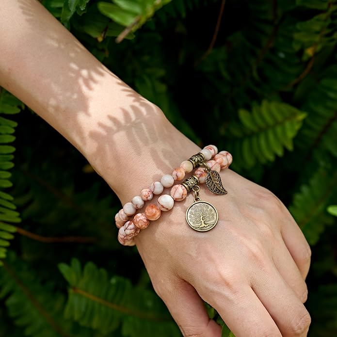 Bivei Natural Semi Precious Gemstone beads bracelet for women - Life Tree and Leaf Charm Energy Reiki Crystal Stretch Bracelets