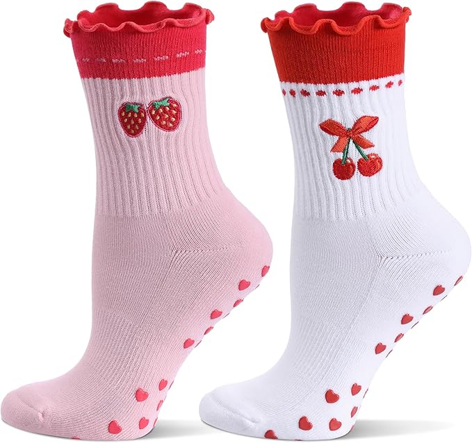 Cute Pilates Socks with Grips for Women Ruffle Cuff Embroidery Non Slip Yoga Socks for Workout, Barre, Pilates Gifts