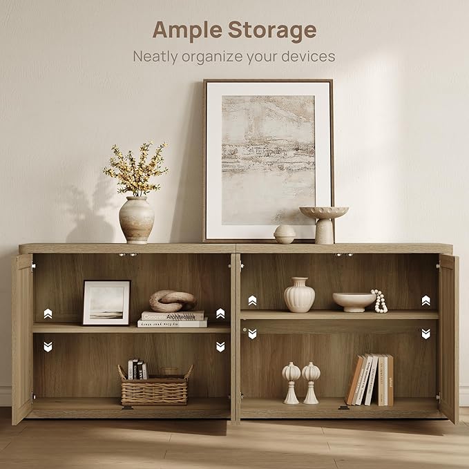 SICOTAS Rattan TV Stand for 65 70 inch TV - Large Entertainment Center TV Consoles for Living Room Bedroom, Farmhouse Television Stands with Storage Cabinet Boho Modular Media Console, Amber Oak