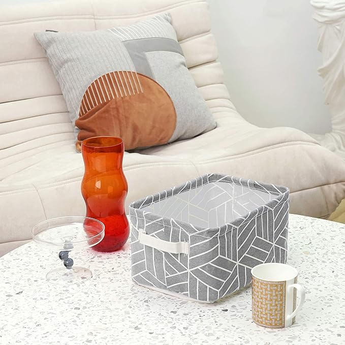 CROWNED 6 Pcs Storage Basket Foldable Cube Fabric Bins Square Mini Box Receive Organizer Rectangle Canvas with Handles for Home Office Books Small 11x8x6.3 inch Grey