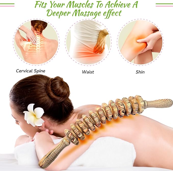 Wooden Curved Handheld Roller Stick Massager - 12 Rollers Wood Therapy Tool for Trigger Point, Fascia & Cellulite Reduction, Lymphatic Drainage, Muscle Tension Relief & Body Shaping (Wood Grain)