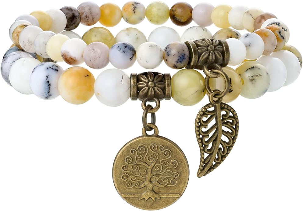Bivei Natural Semi Precious Gemstone beads bracelet for women - Life Tree and Leaf Charm Energy Reiki Crystal Stretch Bracelets