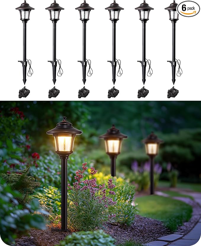 EDISHINE Low Voltage Landscape Lighting, 12V 3W 120LM 3000K Seed Glass Outdoor Landscape Path Lights with Connectors, ORB Waterproof Electric LED Pathway Light Wired for Walkway Garden Yard, 6 Pack
