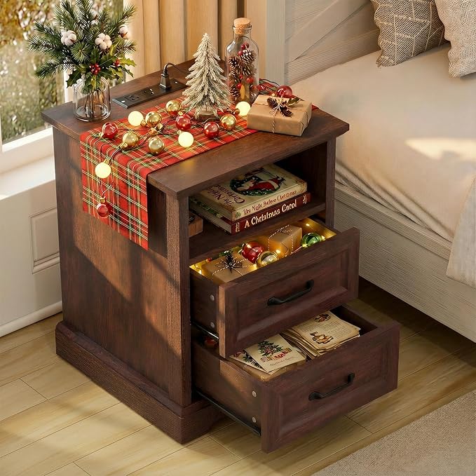 HOMMPA 18'' Farmhouse Nightstand with Charging Station, Bedside Tables with Storage, Bed Side End Table with Open Shelf, 2 Drawers Wood Night Stand Dresser for Bedroom, Living Room, Maroon Brown