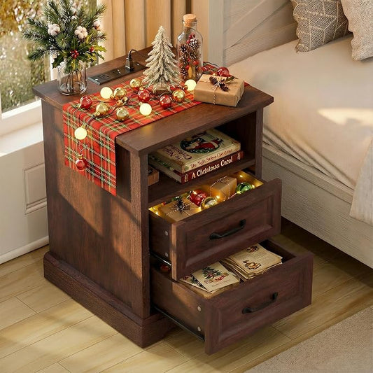 HOMMPA 18'' Farmhouse Nightstand with Charging Station, Bedside Tables with Storage, Bed Side End Table with Open Shelf, 2 Drawers Wood Night Stand Dresser for Bedroom, Living Room, Maroon Brown