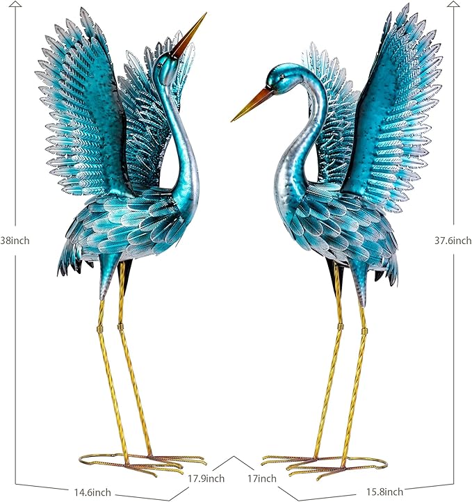 Natelf Garden Crane Statues for Outdoor, Blue Heron Decoy Courtyard Sculptures, Standing Metal Bird Yard Art for Patio Pond Backyard Decor(Set of 2)