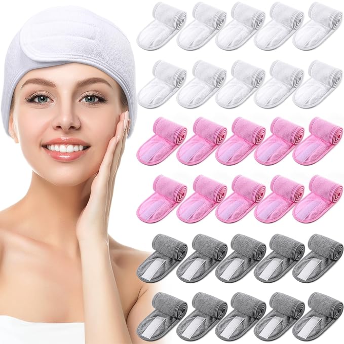 Hoteam 30 Pack Spa Headband Facial Esthetician Hair Wrap for Women Adjustable Makeup Sports Shower Stretch Towel with Tape(Pink, Gray, White)