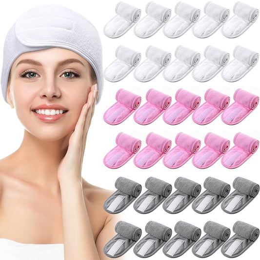 Hoteam 30 Pack Spa Headband Facial Esthetician Hair Wrap for Women Adjustable Makeup Sports Shower Stretch Towel with Tape(Pink, Gray, White)