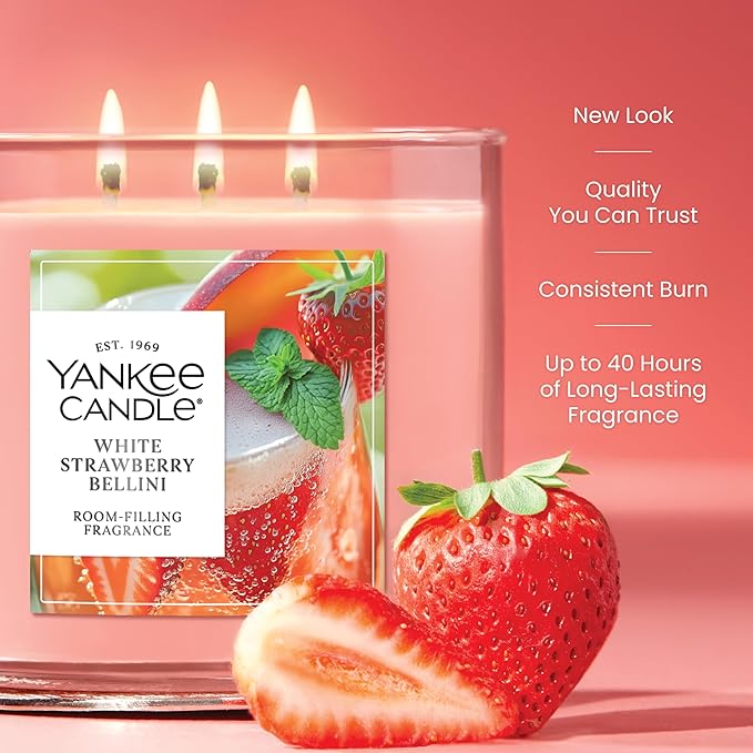 Yankee Candle 3 Wick Candle Jar, Scented Candle with up to 40 Hours of Burn Time, Premium Plant Wax Blend for Consistent Long Lasting Scent from First to Last Burn, White Strawberry Bellini