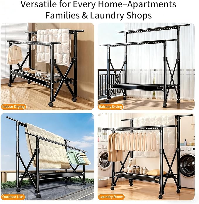 Heavy Duty Rolling Clothing Rack with Wheels, Portable Double Rod Metal Garment Rack, Clothes Drying Hanging Organizer for Closet, Laundry, Storage, Freestanding Adjustable Coat Hanger, Black
