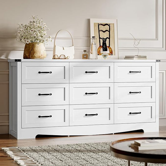 9-Drawer Dresser for Bedroom, Modern Wooden Chest of Drawers with Metal Handles, Anti-Tipping Design, Sturdy and Stable Storage Organizer for Living Room, Entryway, Home Office