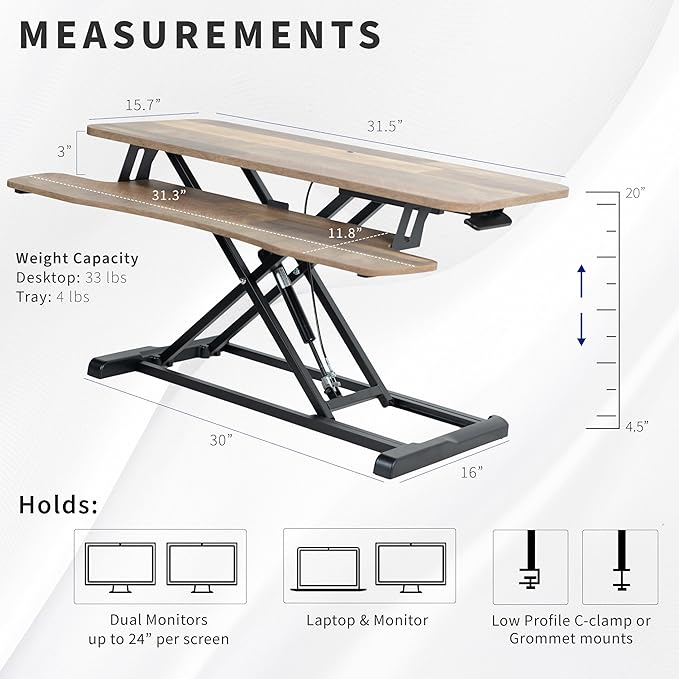 VIVO 32 inch Desk Converter, K Series, Height Adjustable Sit to Stand Riser, Dual Monitor and Laptop Workstation with Wide Keyboard Tray, Reclaimed Wood Top, Black Frame, DESK-V000KP