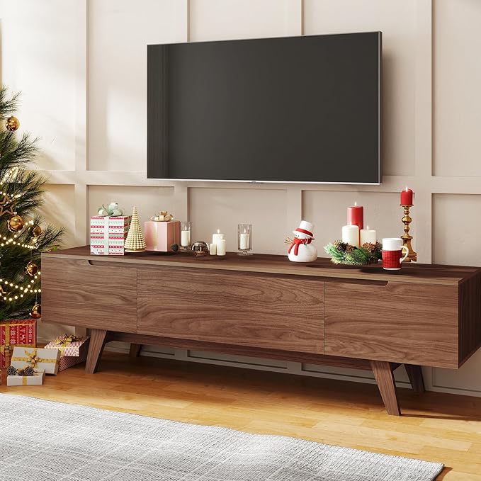 ANJ Mid Century TV Stand, Modern Long TV Console for 80 inch TV, Entertainment Center with Ample Large Storage Cabinet, Wooden Television Furniture for Living Room (Walnut 70")
