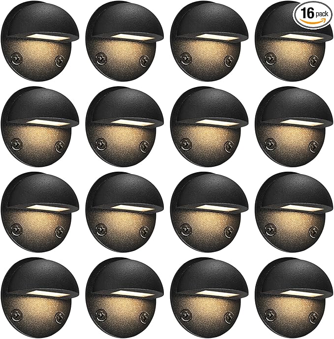 GKOLED 16-Pack Low Voltage LED Deck Light Fixture, Mini Size Eyelid Step Lights with 0.8W 3000K Integrated LED Chips, IP65+ Waterproof for Outdoor, Die-cast Aluminum with Powder Coated Finish