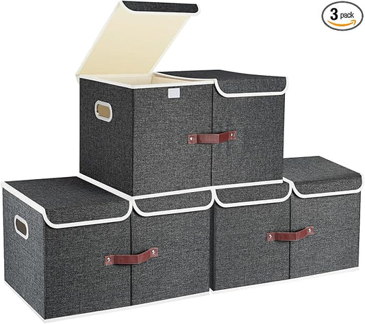 TYEERS Extra Large Collapsible Storage Bins with Lids and Compartments, Washable, Fabric Storage Boxes, 21.7x13x11.8 inches, 3 Pack, Black