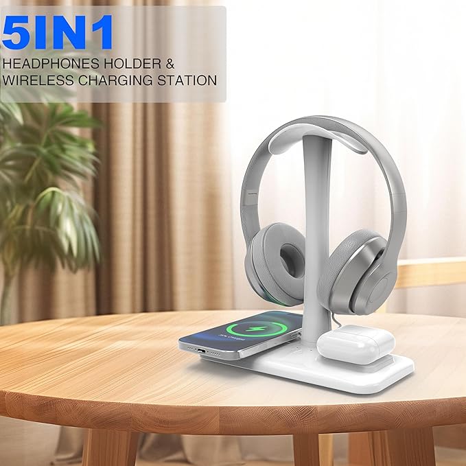 5 in 1 Headphone Stand with 15w Wireless Charger, Fast Wireless Charging Station Headset Holder for iPhone 15/14/13/12/11/XS/XR/X, Air Pods 3/2/Pro/2, Desk Gaming Headset Holder (White)