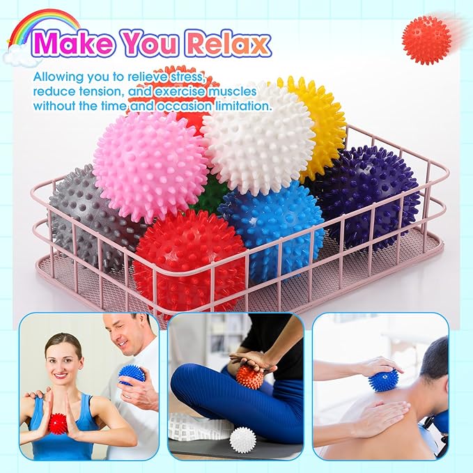 Liliful 100 Pcs Spiky Massage Balls for Feet, Back, Hand Massage Roller Squeeze Balls Plantar Fasciitis Ball Bulk for Foot Hand Trainer Therapy, 10 Colors 3 Inch Multipack