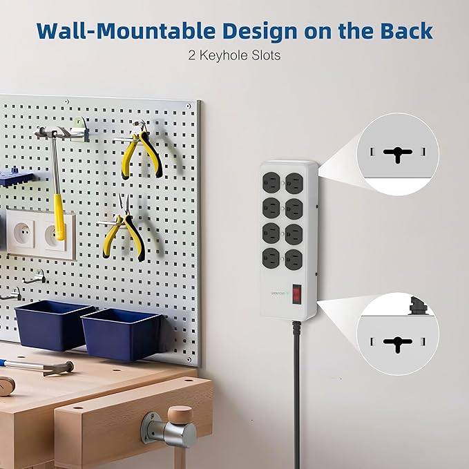 Heavy Duty Power Strip,Industrial Heavy Metal Case Surge Protector,8 AC Outlets,15Amp,2700 Joules,Protected' Indicator,14 Gauge Cord (Grey, 6FT Length)