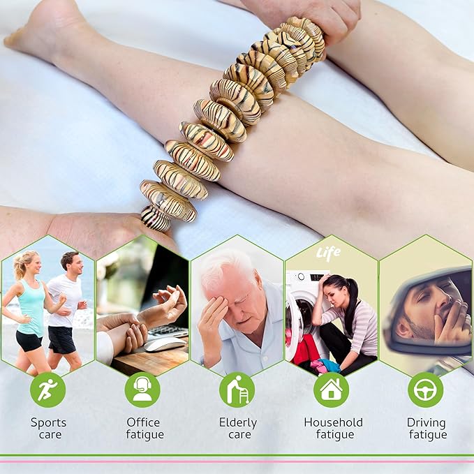 Wooden Curved Handheld Roller Stick Massager - 12 Rollers Wood Therapy Tool for Trigger Point, Fascia & Cellulite Reduction, Lymphatic Drainage, Muscle Tension Relief & Body Shaping (Wood Grain)