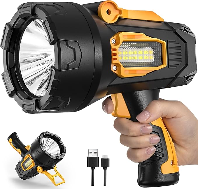 MIXILIN Rechargeable Spotlight 90,000 Lumens, Super Bright LED Spotlight Flashlight Outdoor with COB Light & Foldable Tripod, 10000ɱAh Long Lasting Large Handheld Spot Light for Boating Camping