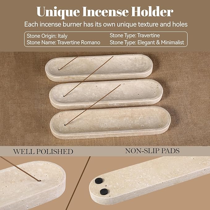 Koville Travertine Incense Holder, Incense Holder for Sticks, Long Incense Sticks Holder Ash Catcher for Meditation Yoga SPA, Natural Stone Incense Burner, Home Table Decor(Beige)