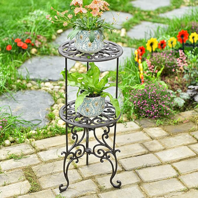 Sungmor Heavy Duty Cast Iron Potted Plant Stand,26-Inch 2 Tiers Metal Planter Rack,Decorative Flower Pot Holder,Vintage & Rustic Style Indoor Outdoor Garden Pots Container Supports