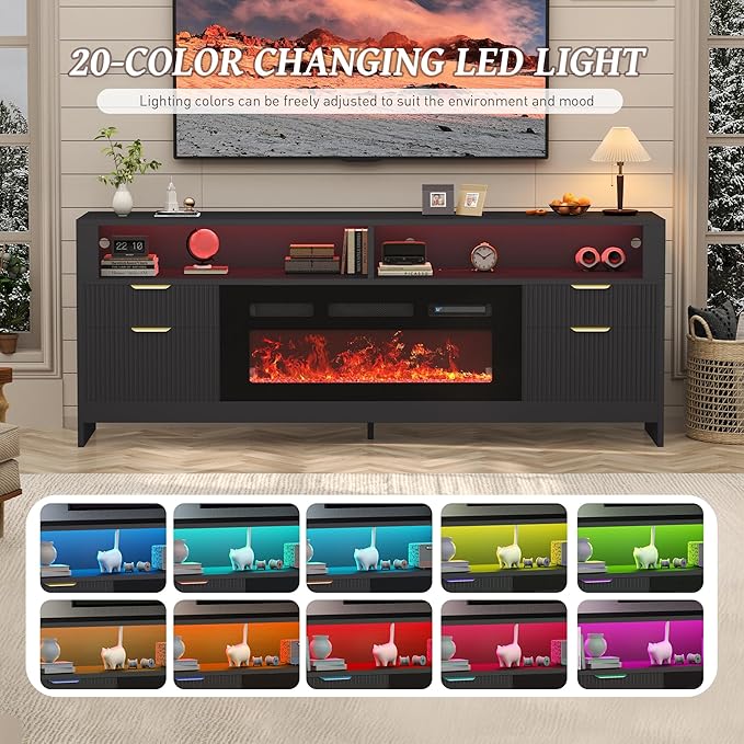 Fireplace TV Stand with 36" Fireplace Up to 80" TVs, 70" Entertainment Center with LED Lights, Storage Cabinets, Modern TV Console for Living Room,Bedroom (Black)