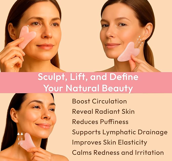 Rose Quartz Gua Sha Facial Tool - Heart-Shaped Crystal for Puffiness, Lymphatic Drainage, Facial Sculpting & Relaxation - Hand-Carved Stone from Brazil, Used in Traditional Beauty Rituals