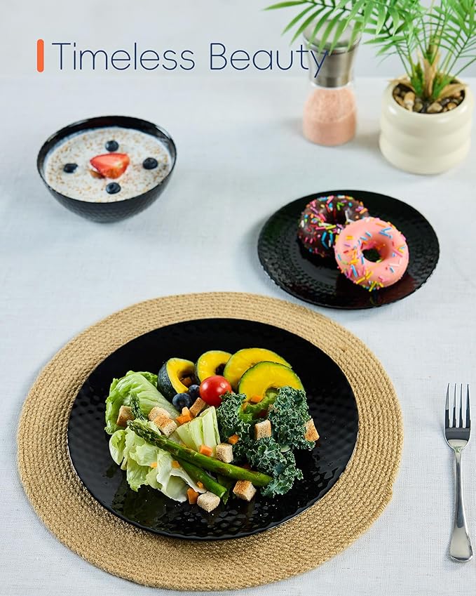 Dinnerware Sets for 4, Light & Durable 12 Pieces Opal Glass Plates and Bowls Set, Dishwasher and Microwave Safe Ribbed Dish Dinning Ware, Thin but Strong Geometric Faceted Black