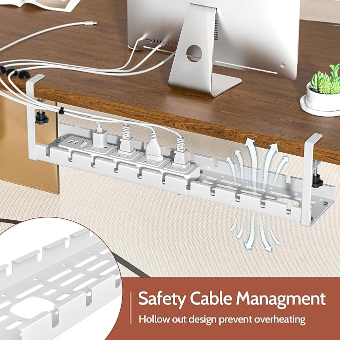 Shikha Cable Management Under Desk, 15.7"-31" Retractable Cable Management Tray, No Drilling Cord Organizer with Clamp for Desk, Under Table Wire Management Tray for Home Office -White