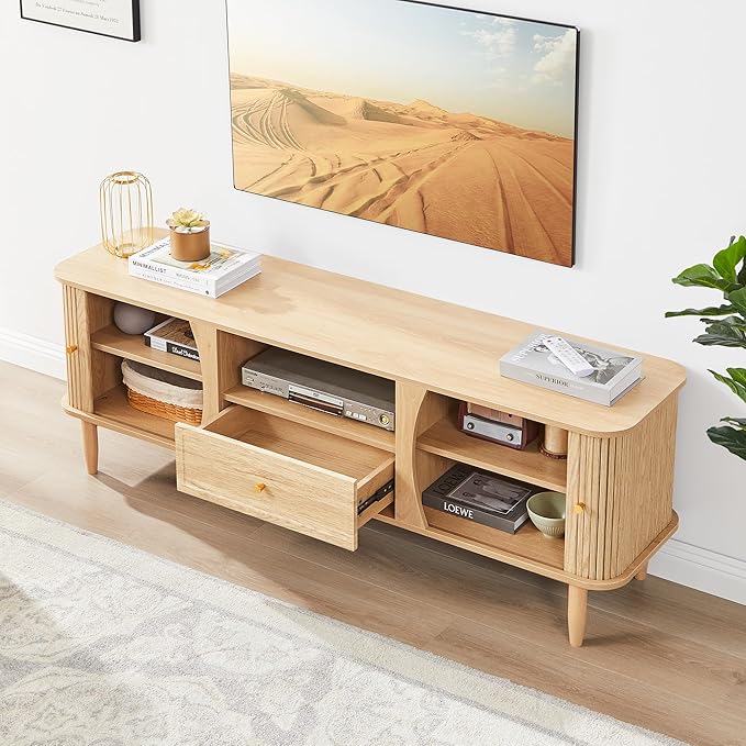 TV Stand, Media Console Table with Drawer and Sliding Door, Modern Entertainment Center with Storage for Living Room, Bedroom, Home Office (Natural with 1 Drawer)